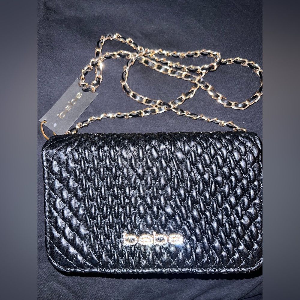 Bebe Black Textured Purse With Black & Gold Chain